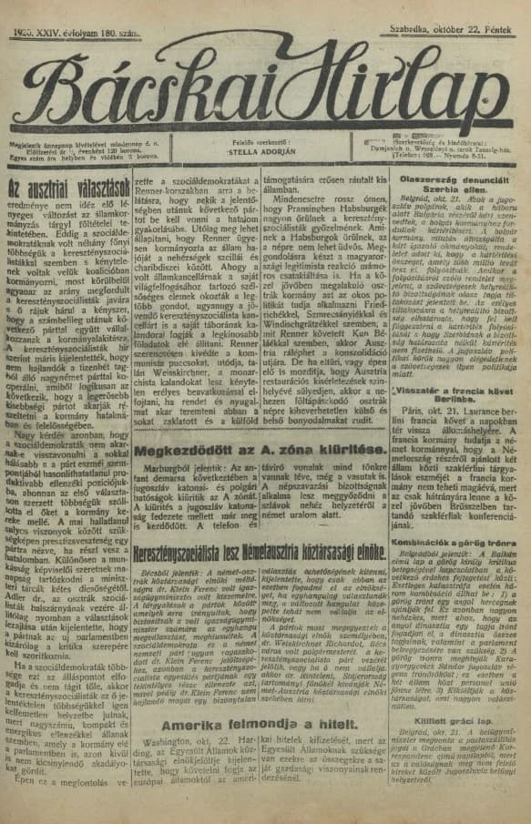 Bácskai Hirlap, 24. évf. 1920. október 22. 180. sz.