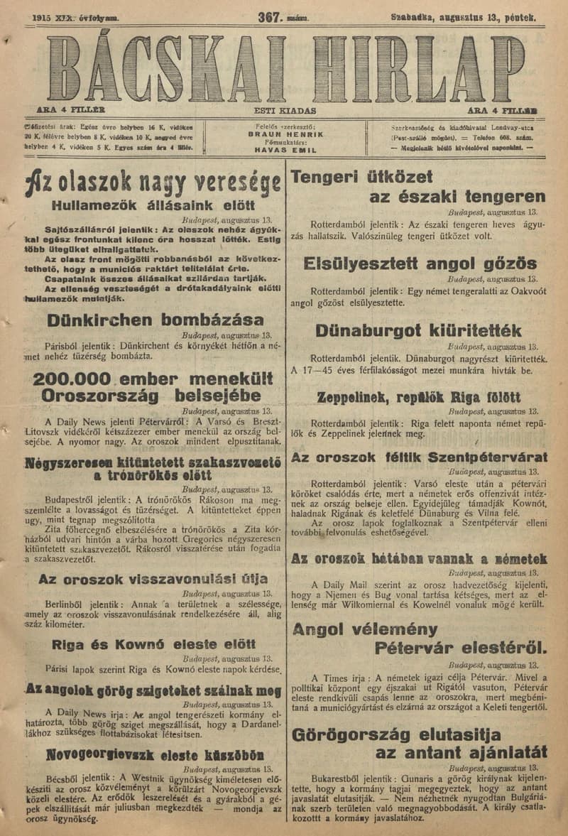 Bácskai Hirlap, 19. évf. 1915. augusztus 13. 367. sz.