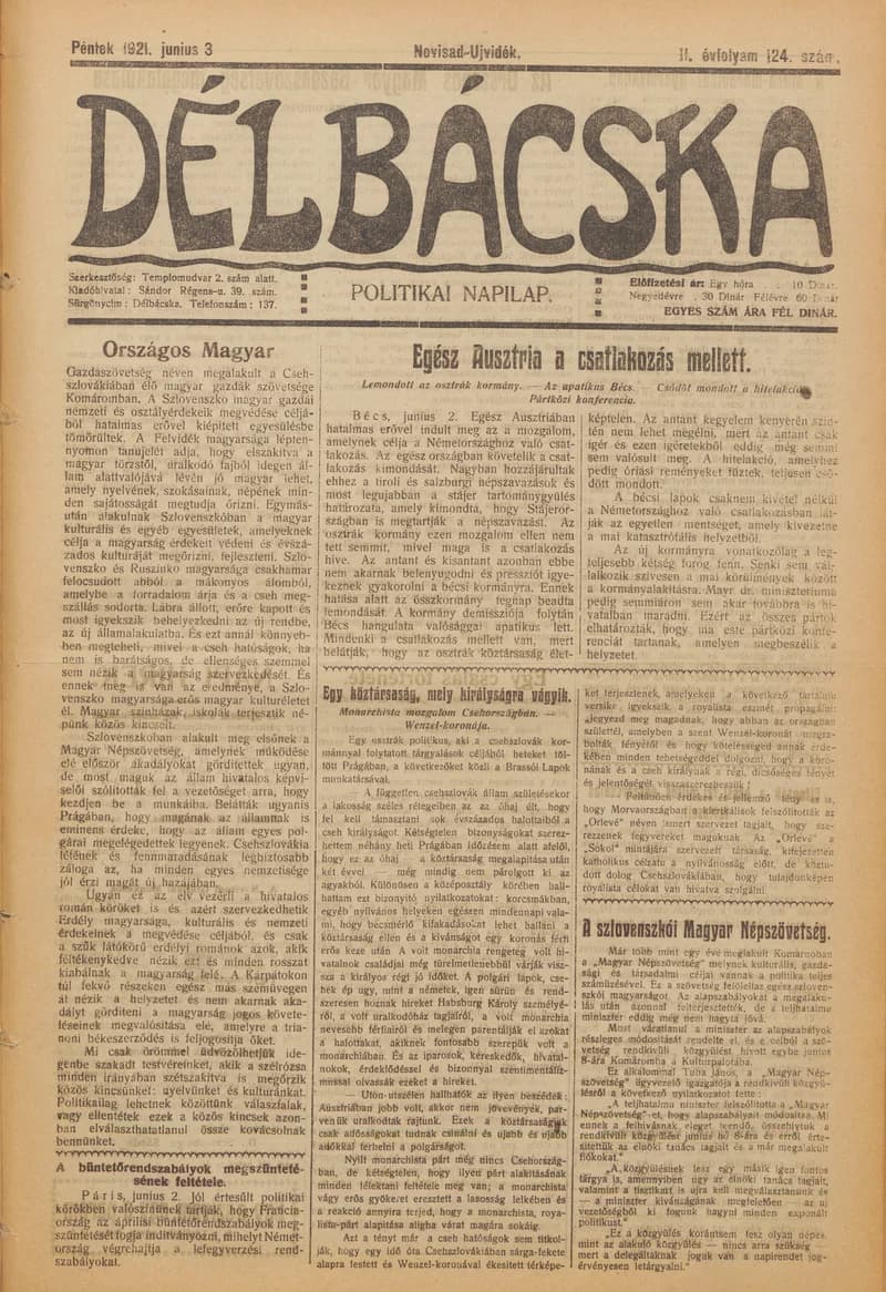 Délbácska, 2. évf. 1921. június 3. 124. sz.