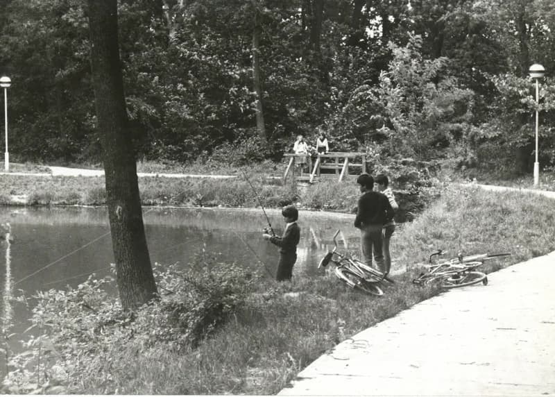 Horgászó gyerekek a park tavánál