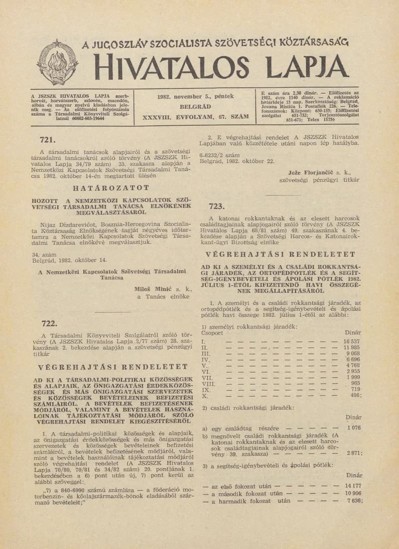 A Jugoszláv Szocialista Szövetségi Köztársaság Hivatalos Lapja, 38. évf. 1982. november 5. 67. sz. 1565–1568. oldal