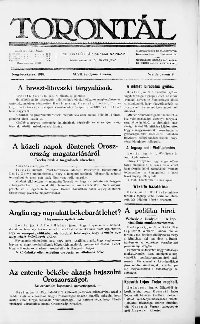 Torontál, 47. évf. 1918. január 9. 7. sz.