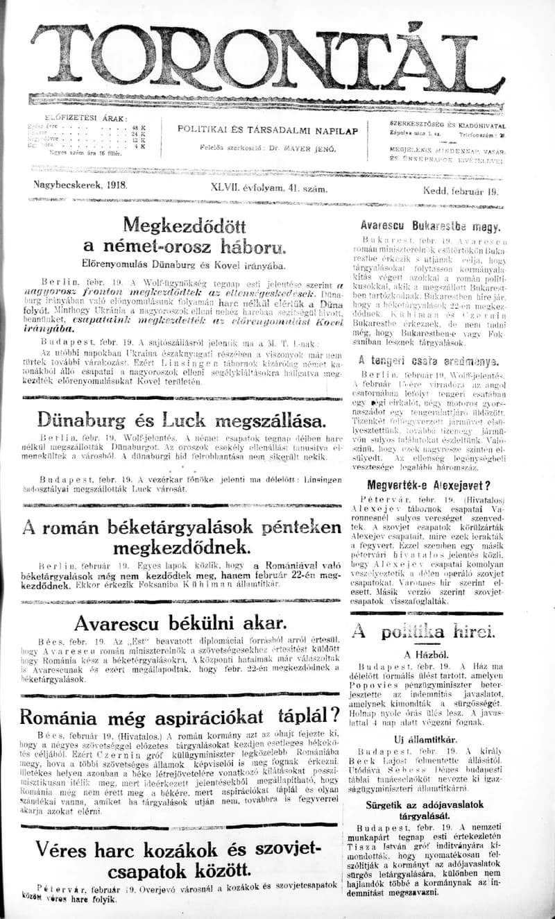 Torontál, 47. évf. 1918. február 19. 41. sz.