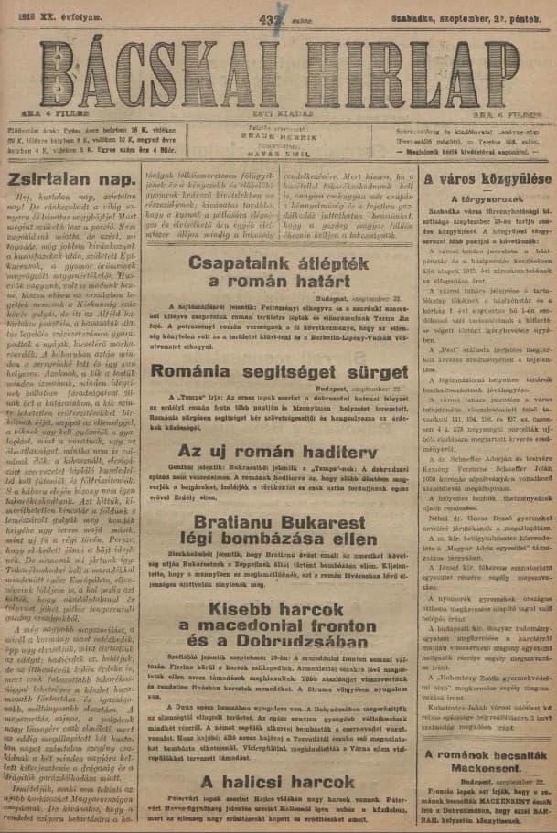 Bácskai Hirlap, 20. évf. 1916. szeptember 22. 434. sz.
