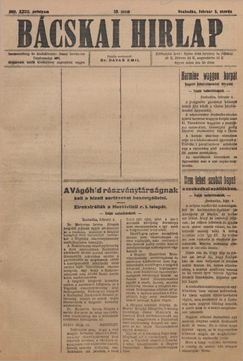 Bácskai Hirlap, 23. évf. 1919. február 5. 29. sz.