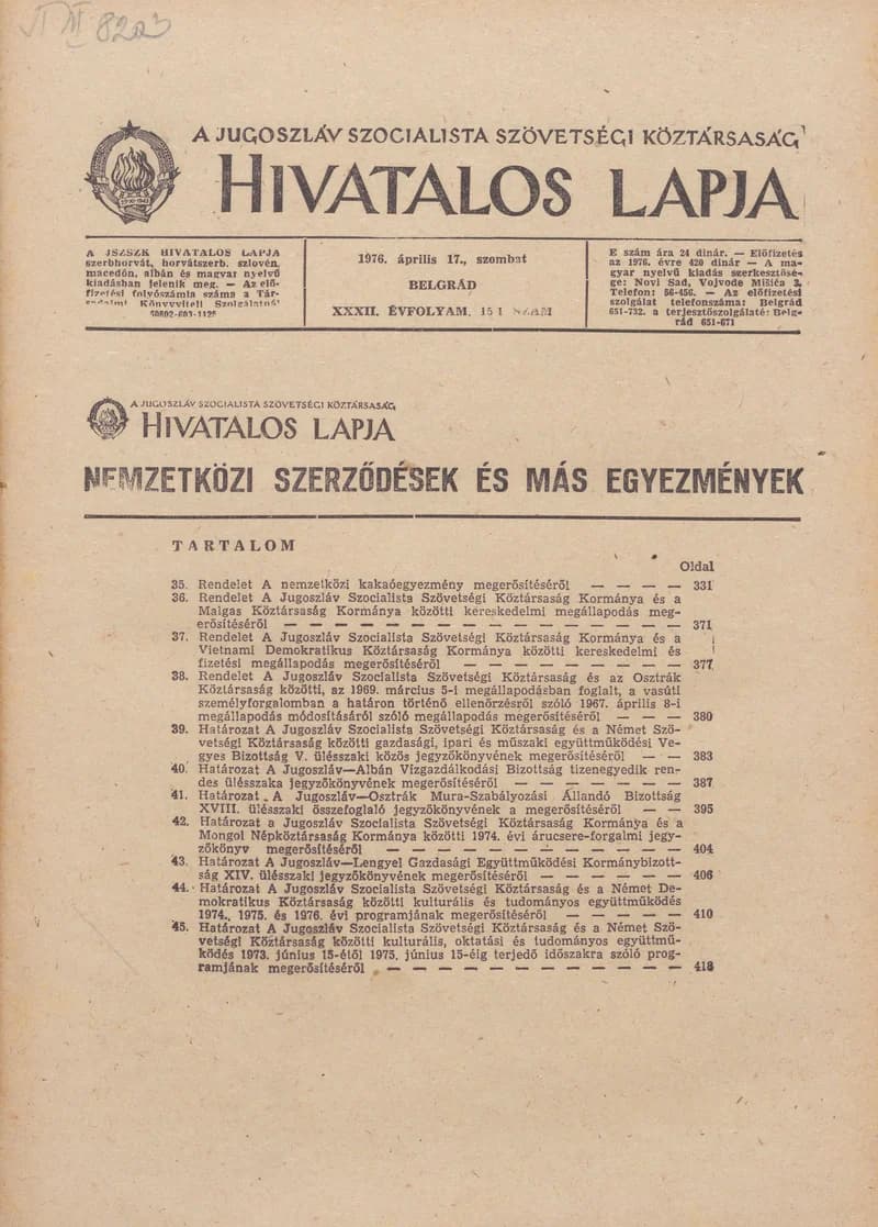 A Jugoszláv Szocialista Szövetségi Köztársaság Hivatalos Lapja, 32. évf. 1976. április 17. 15. sz.