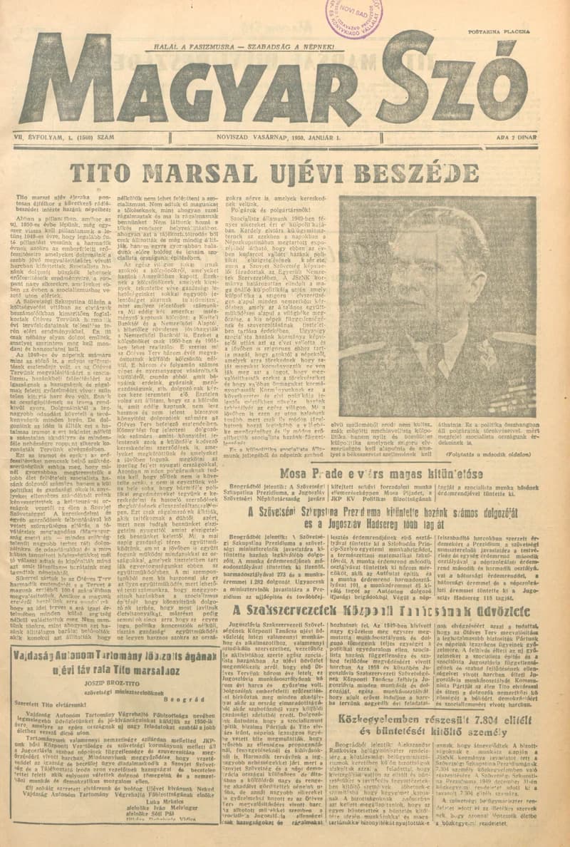 Magyar Szó, 7. évf. 1950. január 1. 1. sz. 1–4. oldal