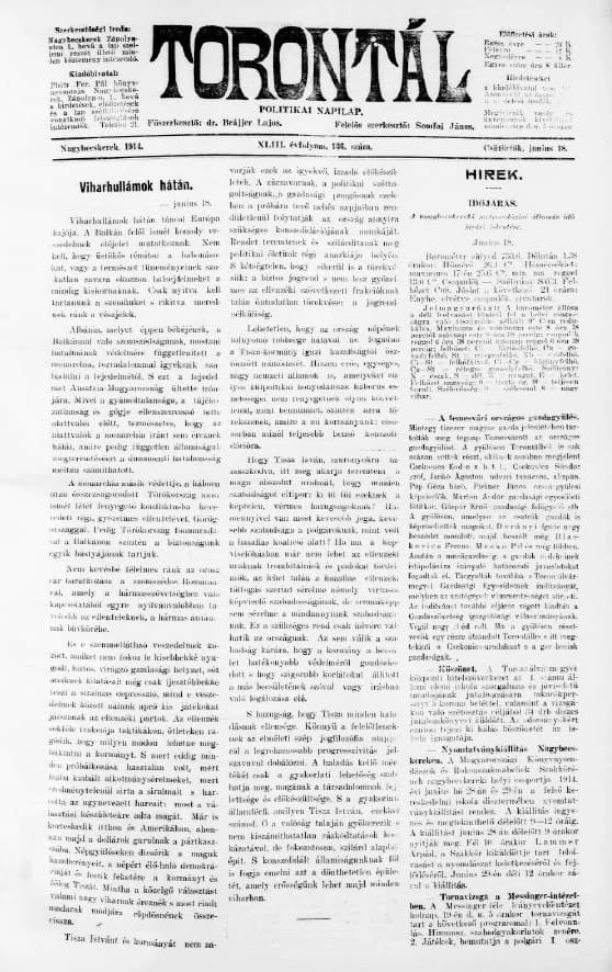 Torontál, 43. évf. 1914. június 18. 136. sz.