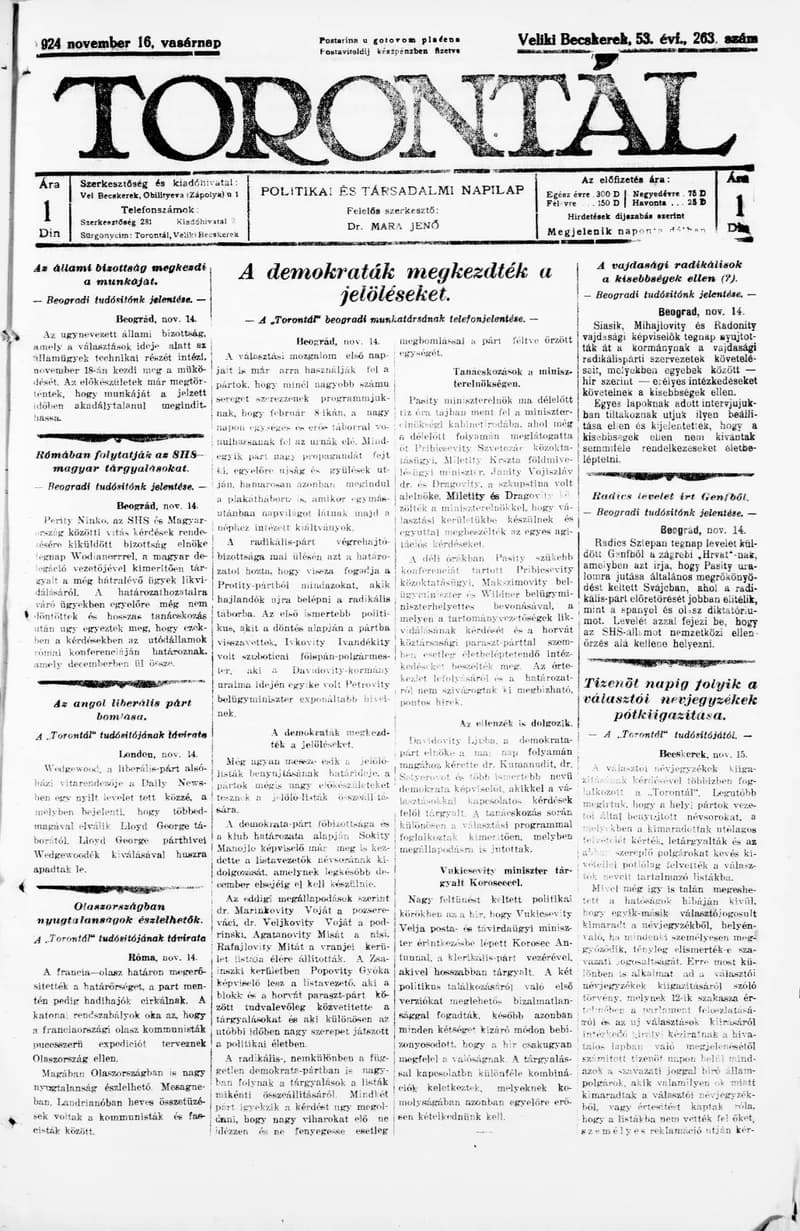 Torontál, 53. évf. 1924. november 16. 263. sz.
