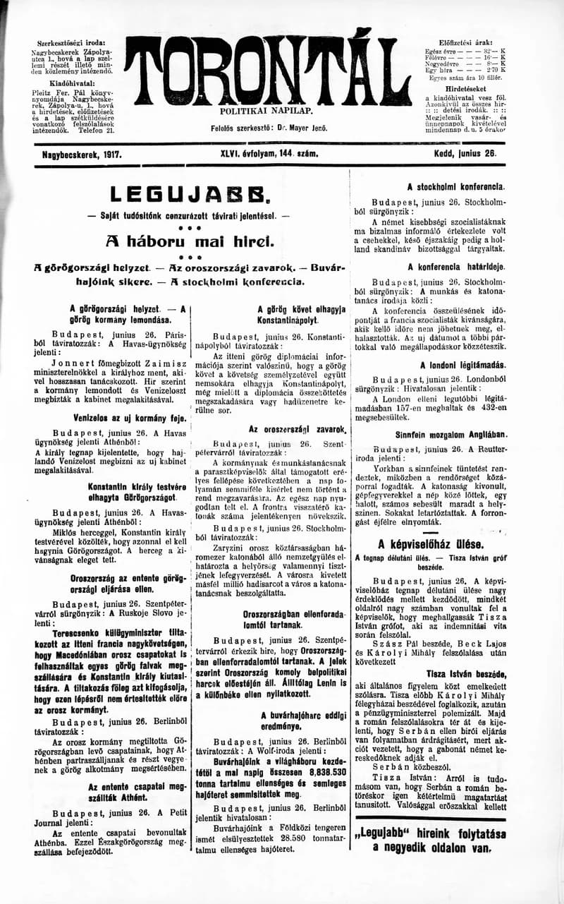 Torontál, 46. évf. 1917. június 26. 144. sz.