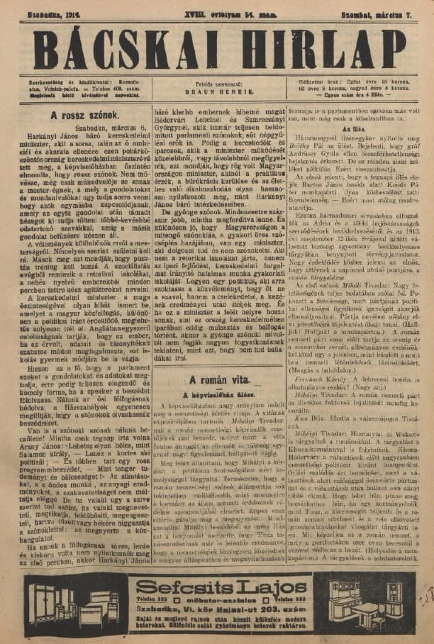 Bácskai Hirlap, 18. évf. 1914. március 7. 54. sz.