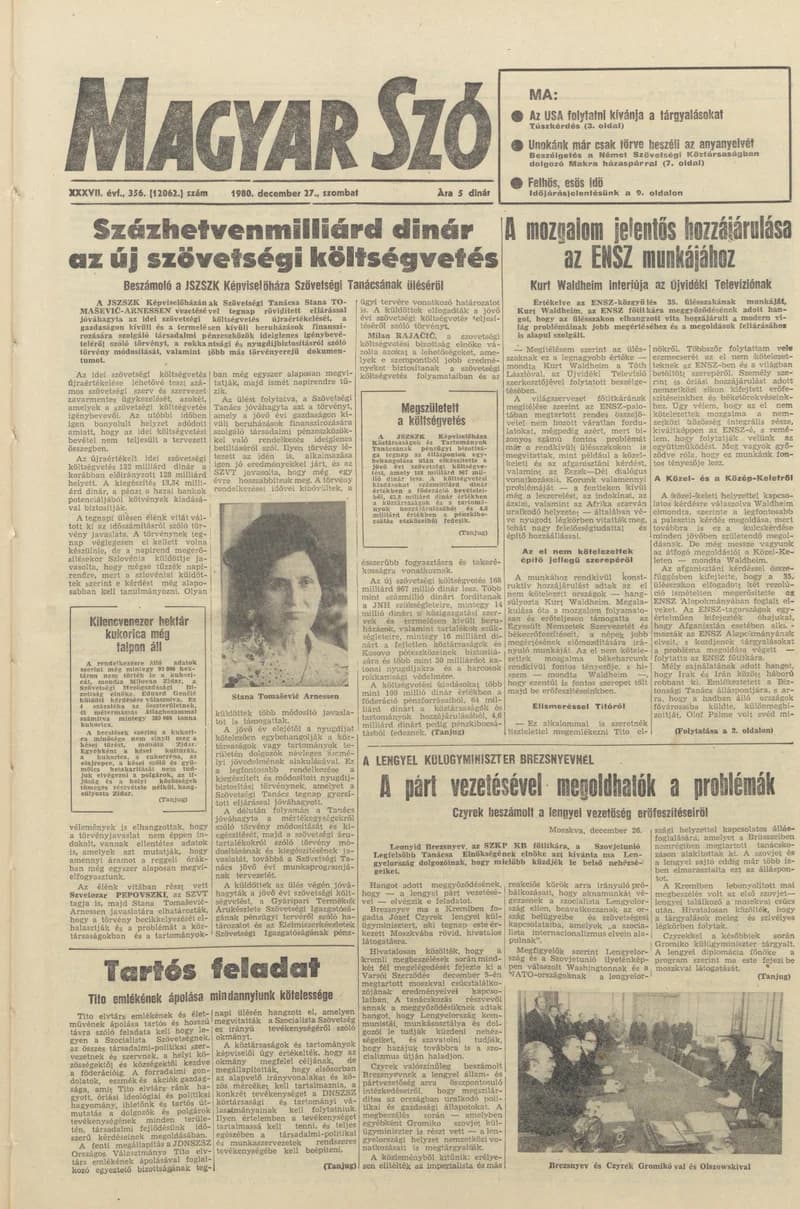 Magyar Szó, 37. évf. 1980. december 27. 356. sz. 1–20. oldal