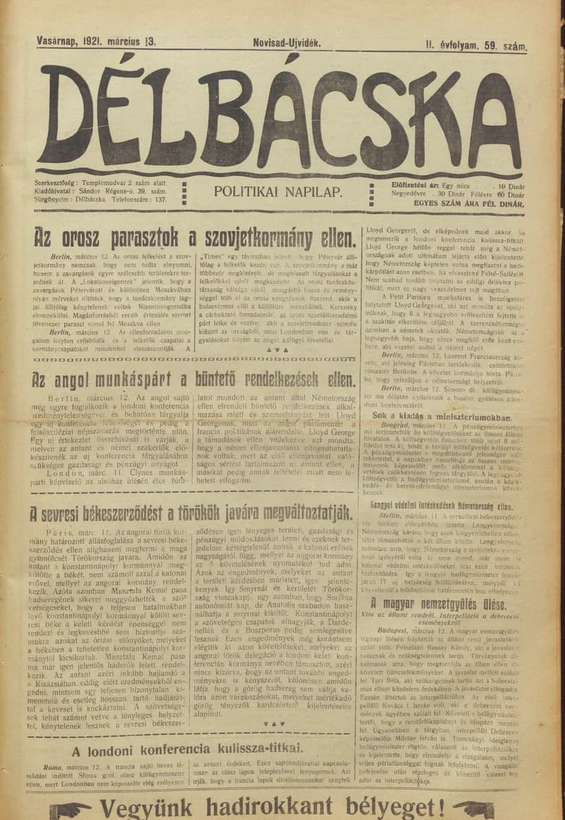 Délbácska, 2. évf. 1921. március 13. 59. sz.