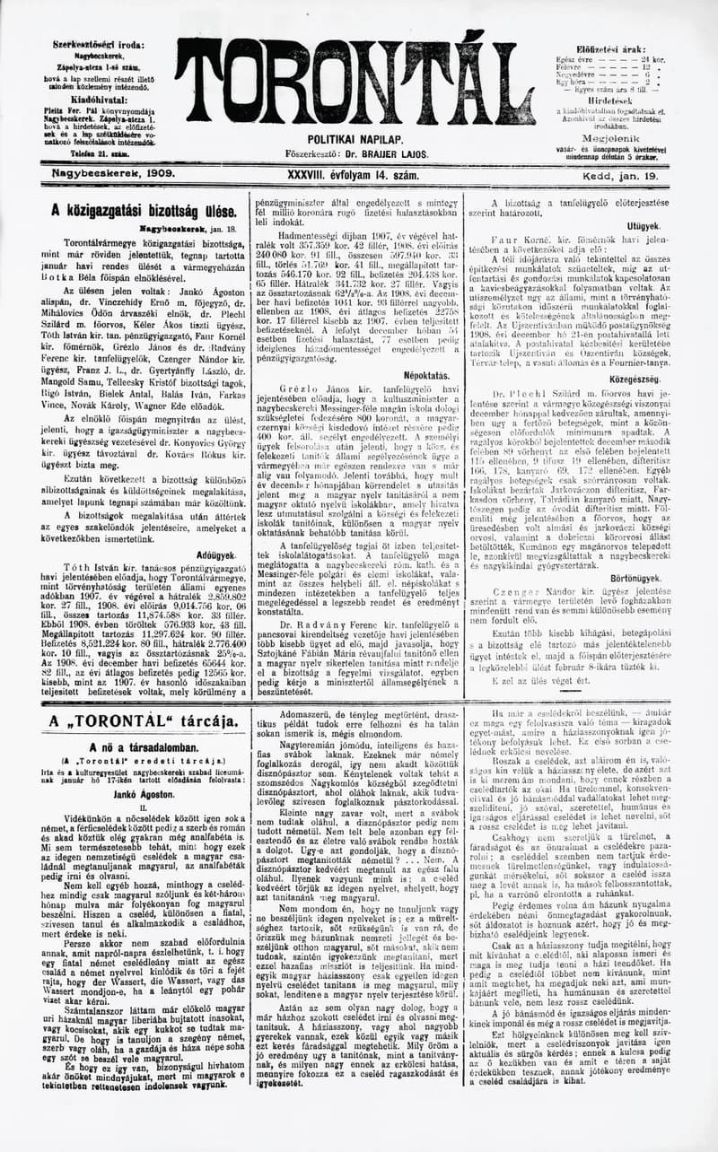 Torontál, 38. évf. 1909. január 19. 14. sz.