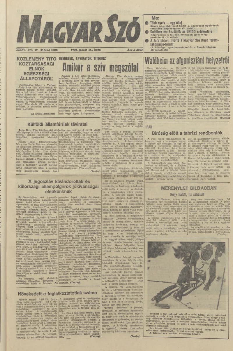 Magyar Szó, 37. évf. 1980. január 21. 19. sz. 1–16. oldal