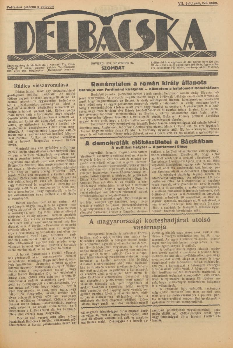 Délbácska, 7. évf. 1926. november 27. 275. sz.