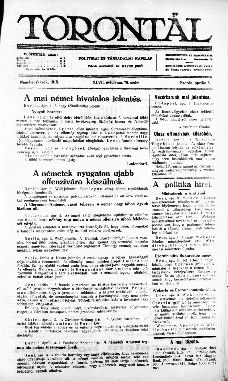 Torontál, 47. évf. 1918. április 3. 76. sz.