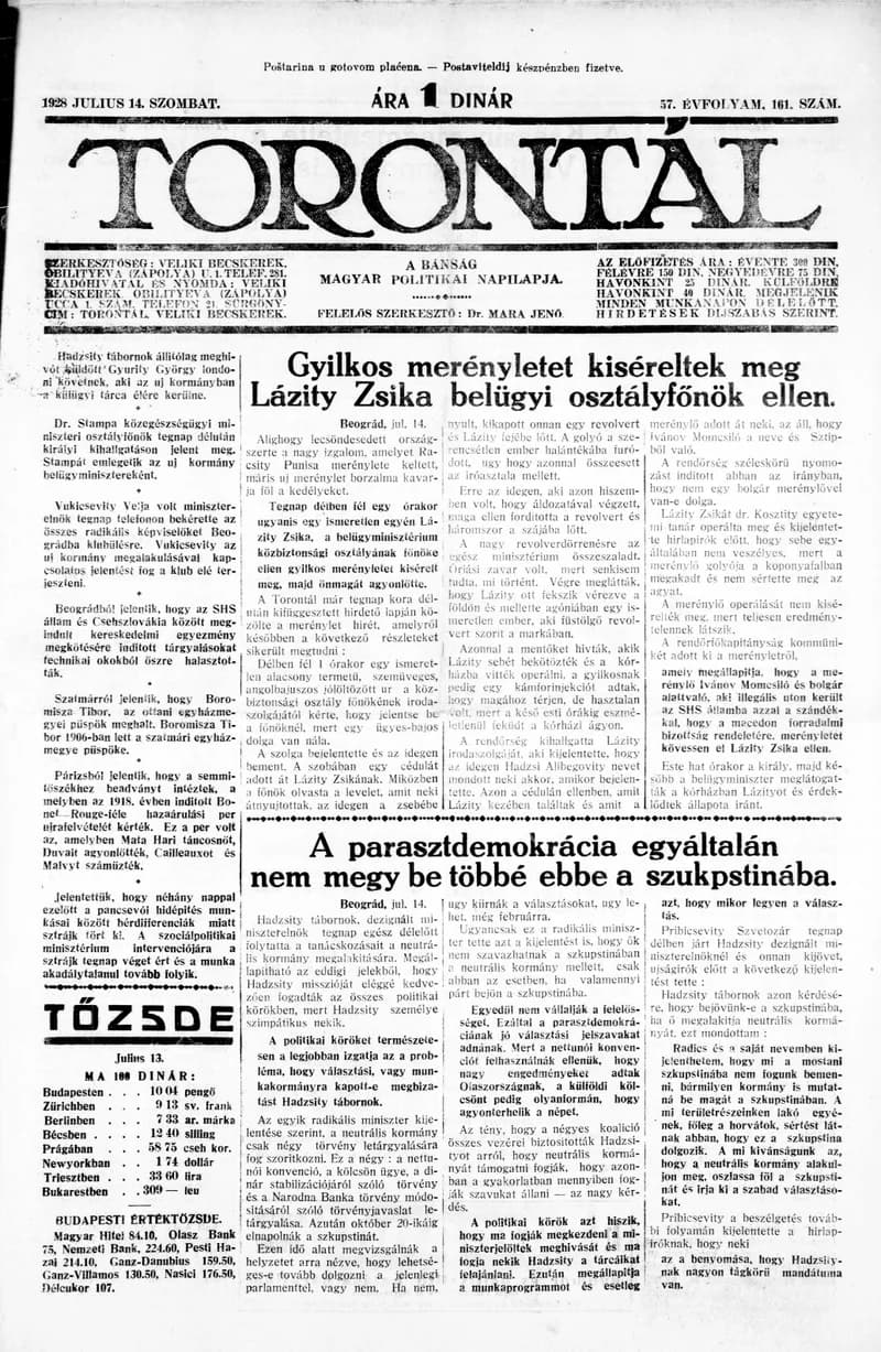 Torontál, 57. évf. 1928. július 14. 161. sz.