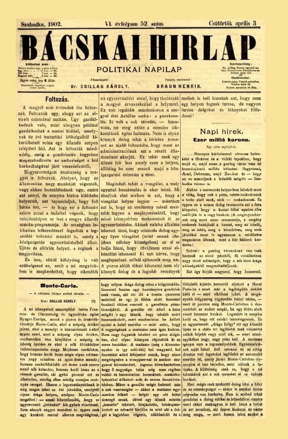 Bácskai Hirlap, 6. évf. 1902. április 3. 52. sz.