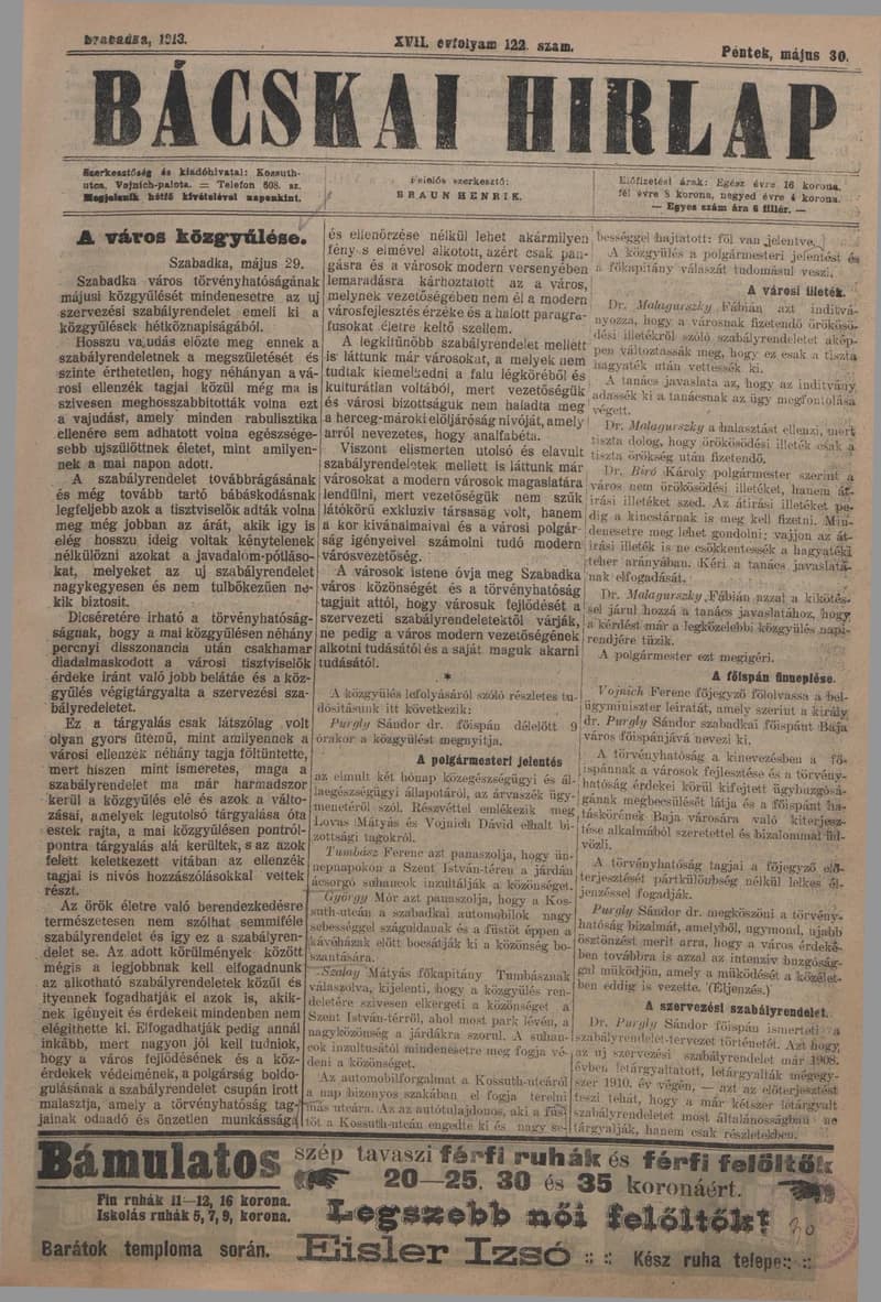 Bácskai Hirlap, 17. évf. 1913. május 30. 122. sz.