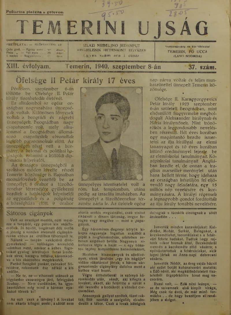 Temerini Újság 1928-1944, 13. évf. 1940. szeptember 8. 37. sz.