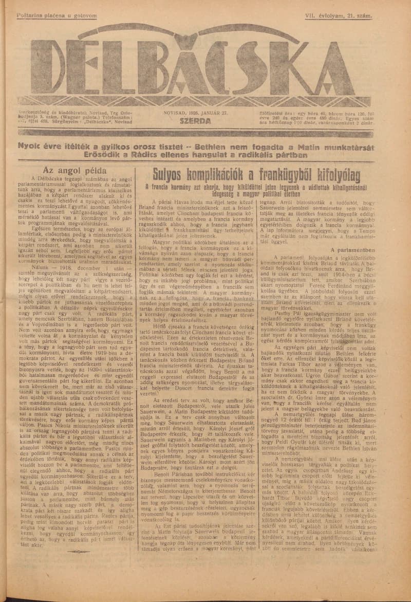 Délbácska, 7. évf. 1926. január 27. 21. sz.