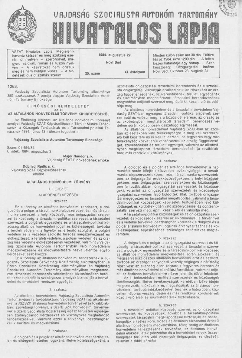 Vajdaság Szocialista Autonóm Tartomány Hivatalos Lapja, 40. évf. 1984. augusztus 27. 25. sz.