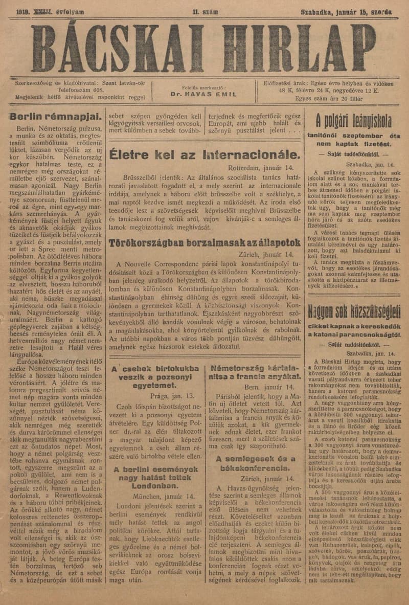 Bácskai Hirlap, 23. évf. 1919. január 15. 11. sz.