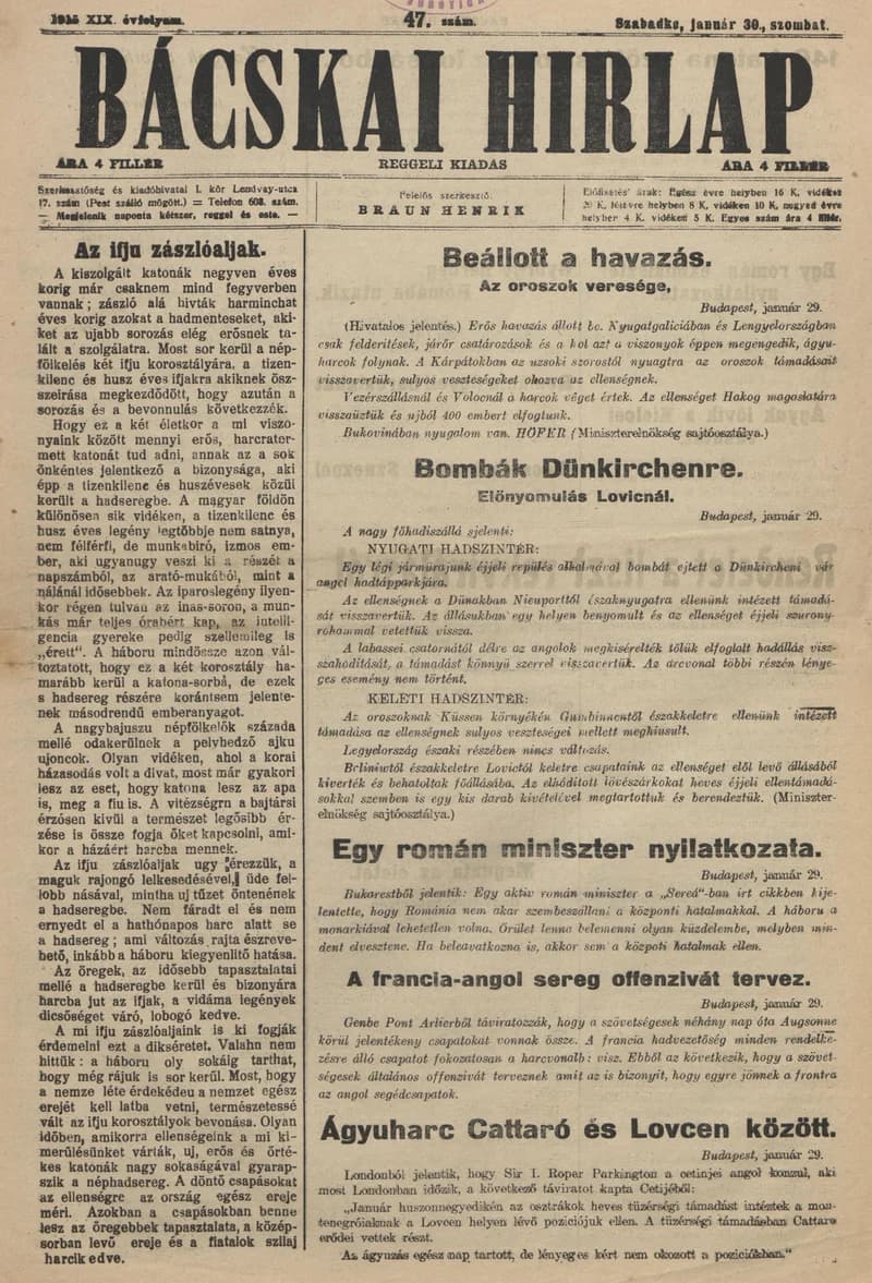 Bácskai Hirlap, 19. évf. 1915. január 30. 47. sz.