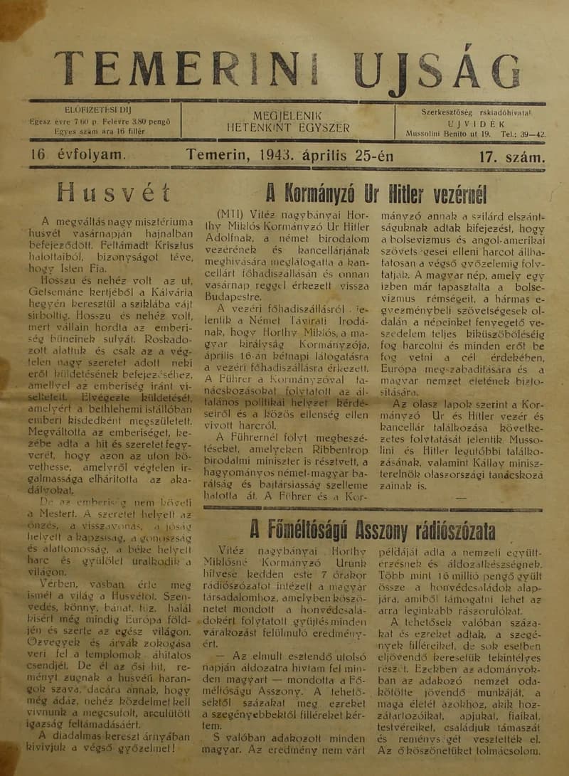 Temerini Újság 1928-1944, 16. évf. 1943. április 25. 17. sz.