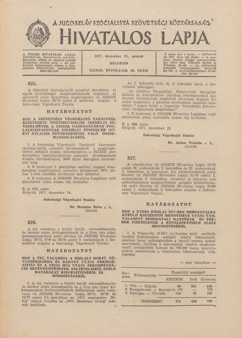 A Jugoszláv Szocialista Szövetségi Köztársaság Hivatalos Lapja, 33. évf. 1977. december 23. 60. sz. 2065–2080. oldal