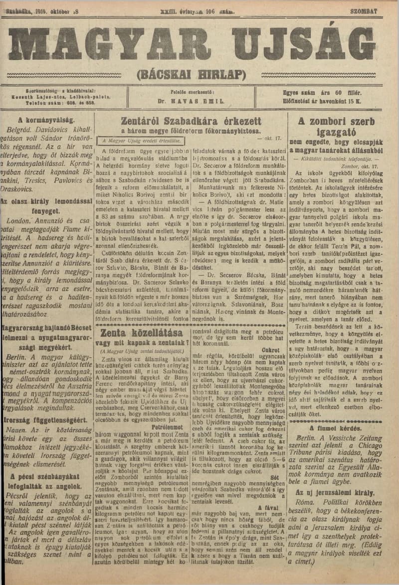 Bácskai Hirlap, 23. évf. 1919. október 18. 106. sz.