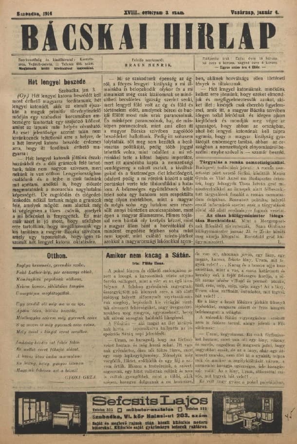 Bácskai Hirlap, 18. évf. 1914. január 4. 3. sz.