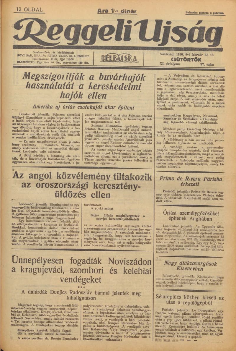 Reggeli Újság, 11. évf. 1930. február 13. 37. sz.