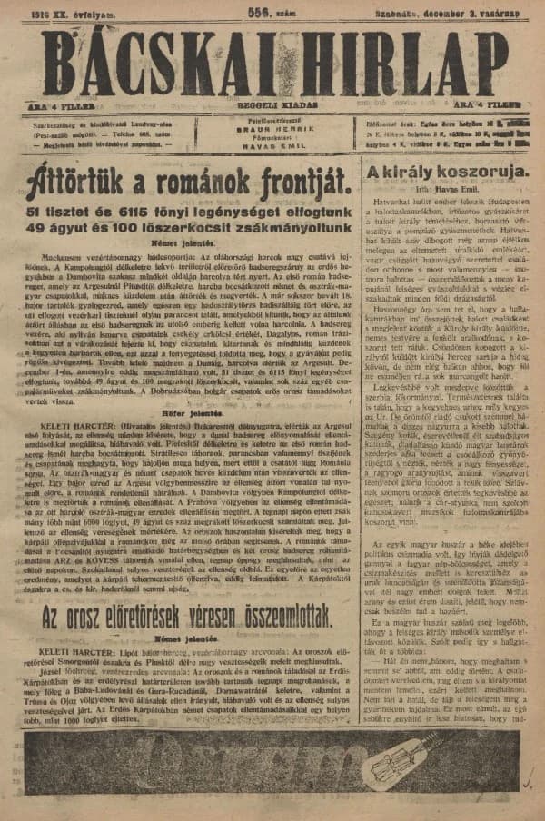 Bácskai Hirlap, 20. évf. 1916. december 3. 556. sz.