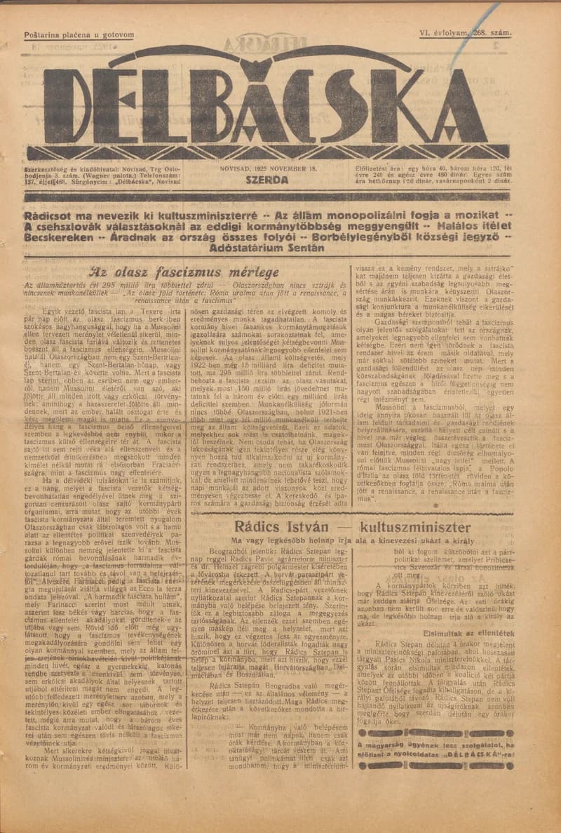 Délbácska, 6. évf. 1925. november 18. 268. sz.