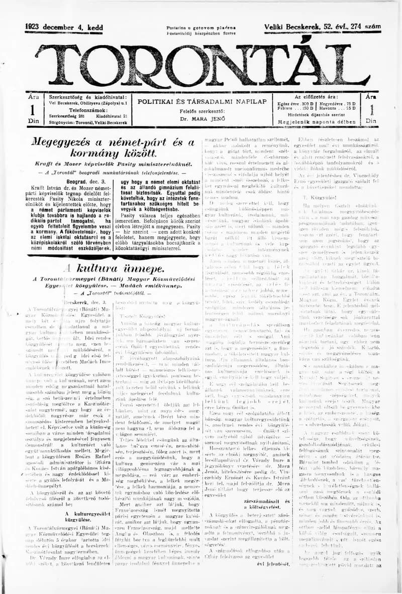 Torontál, 52. évf. 1923. december 4. 274. sz.
