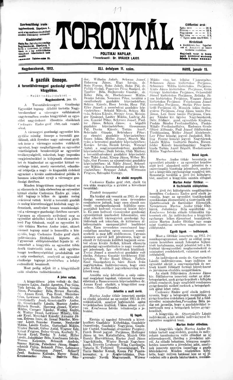 Torontál, 41. évf. 1912. január 15. 11. sz.