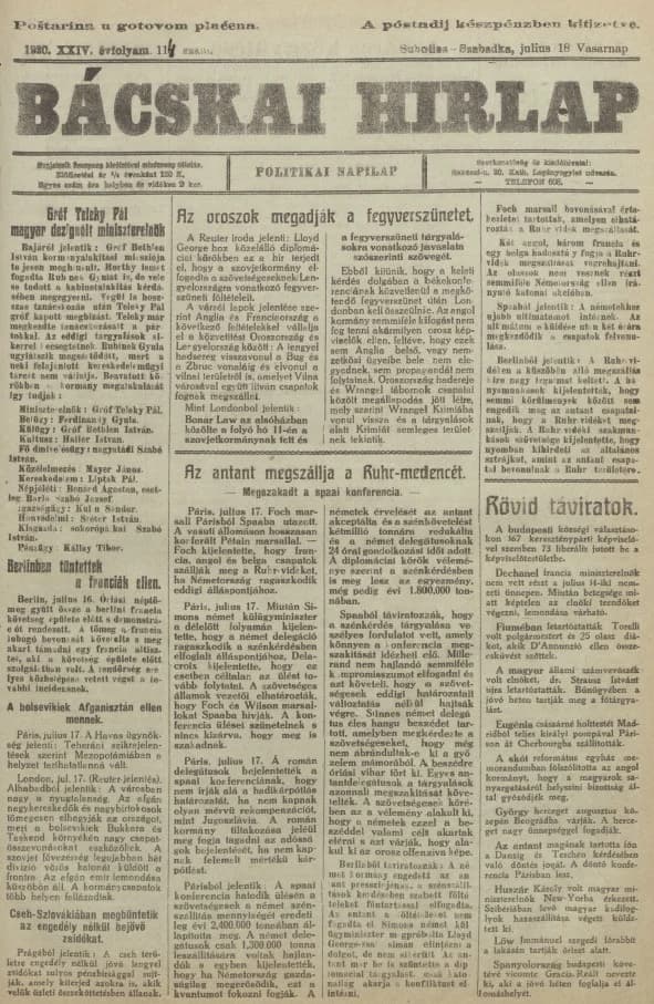 Bácskai Hirlap, 24. évf. 1920. július 18. 114. sz.