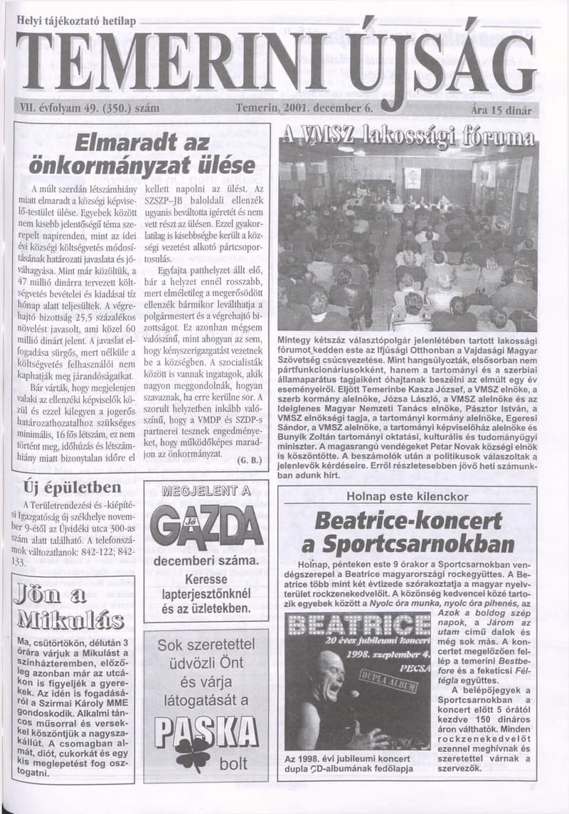 Temerini Újság, 7. évf. 2001. december 6. 49. sz.