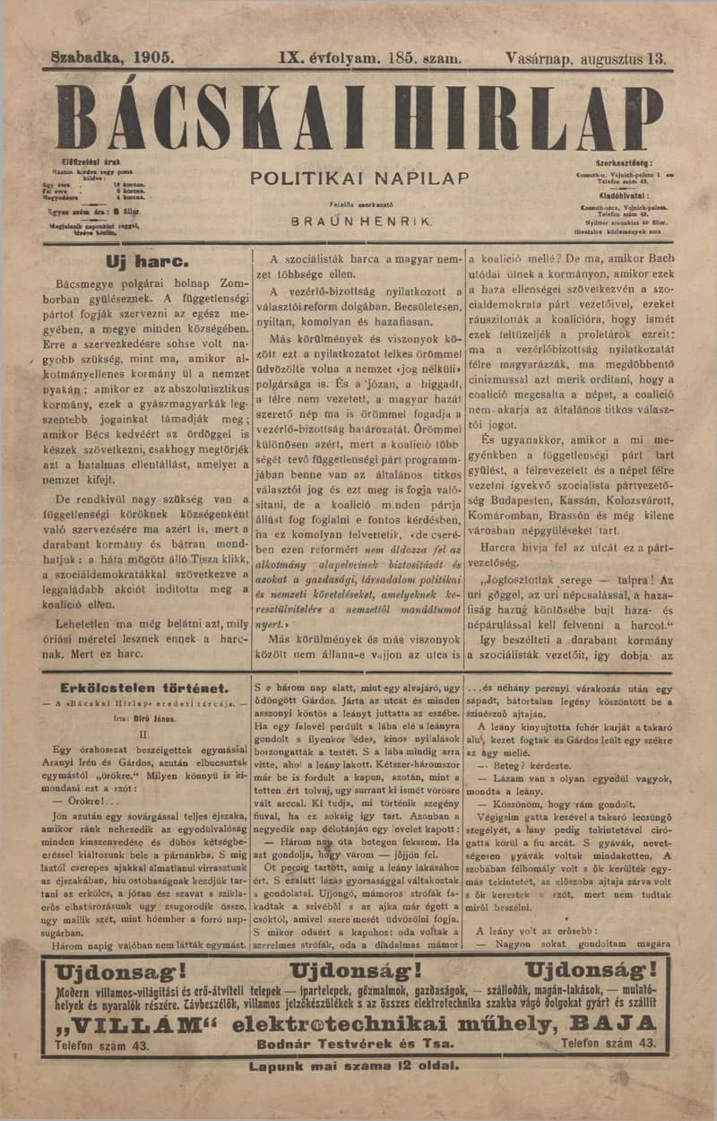 Bácskai Hirlap, 9. évf. 1905. augusztus 13. 185. sz.