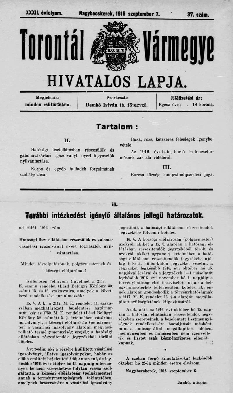 Torontál Vármegye Hivatalos Lapja, 32. évf. 1916. szeptember 7. 37. sz.