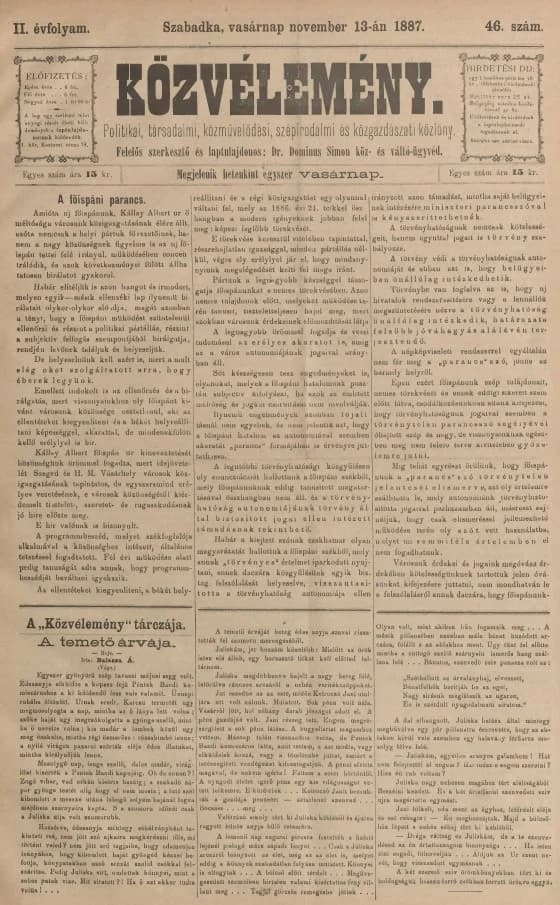 Közvélemény, 2. évf. 1887. november 13. 46. sz.