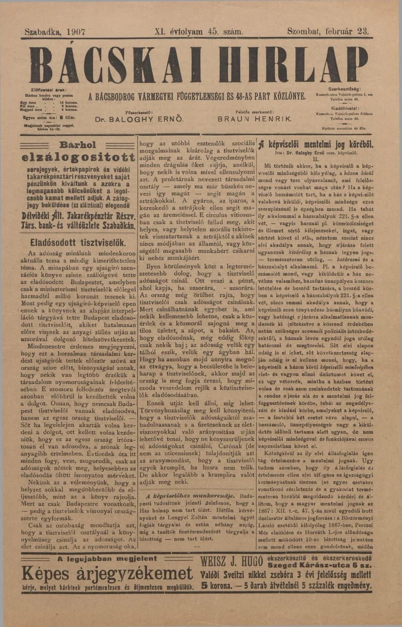 Bácskai Hirlap, 11. évf. 1907. február 23. 45. sz.