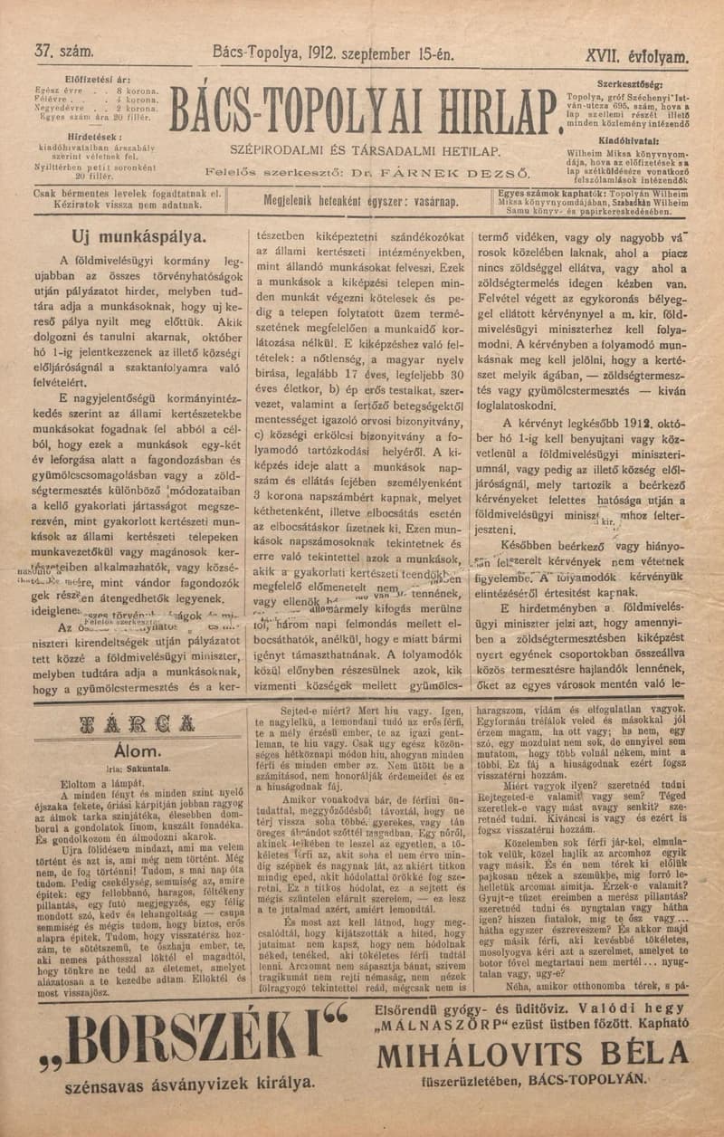 Bács-Topolyai Hirlap, 17. évf. 1912. szeptember 15. 37. sz.