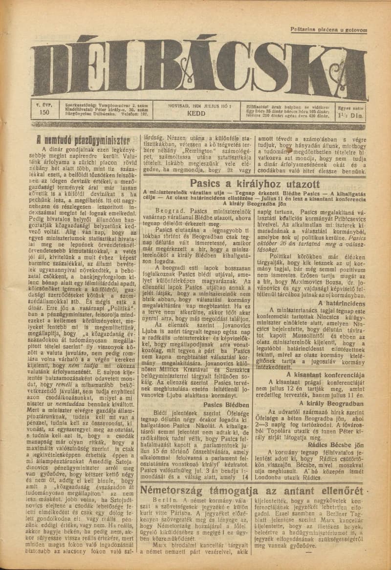 Délbácska, 5. évf. 1924. július 1. 150. sz.