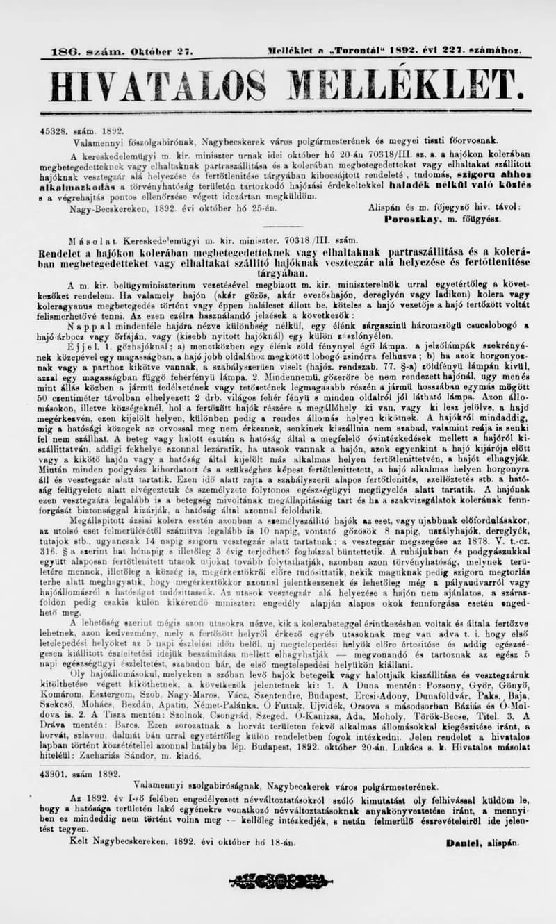 A Totontál  hivatalos melléklete, 5. évf. 1892. október 26. 186. sz.