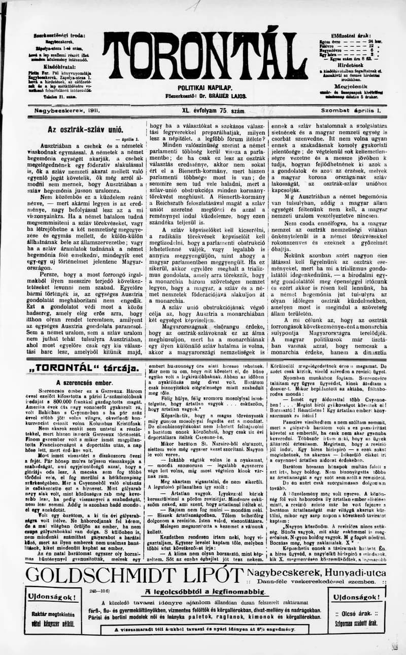 Torontál, 40. évf. 1911. április 1. 75. sz.
