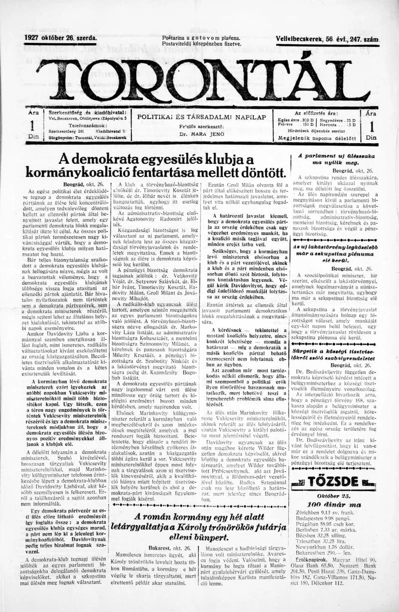 Torontál, 56. évf. 1927. október 26. 247. sz.