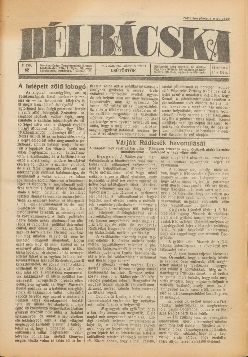Délbácska, 5. évf. 1924. március 13. 62. sz.